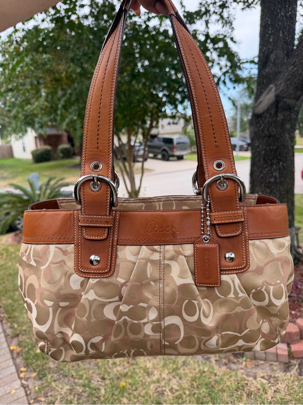 Coach Beige Signature Canvas Shoulder Bag with Brown Leather Trim